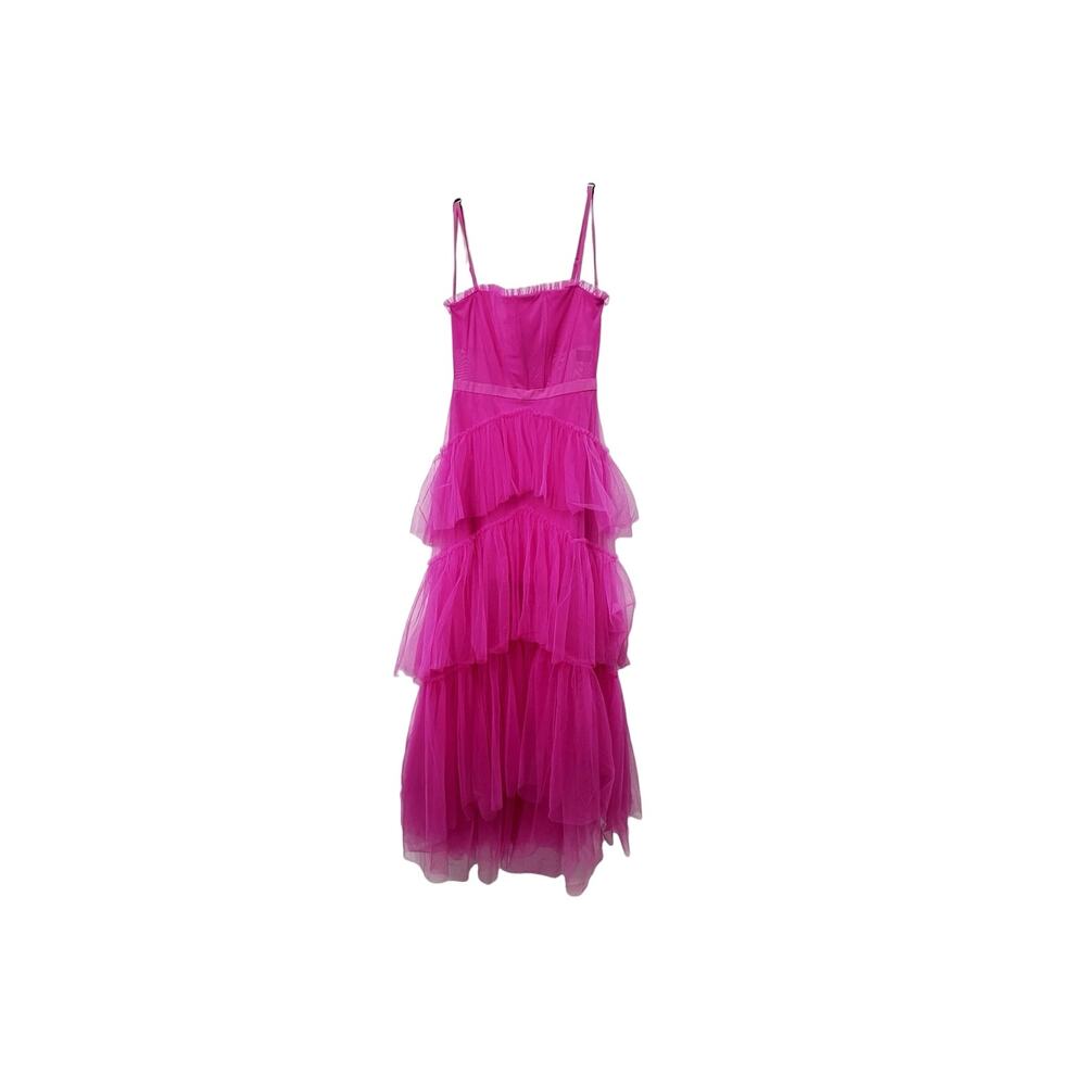 Betsy & Adam Corset Chiffon Layer Hot Pink Gown Dress Size 8 MSRP $319